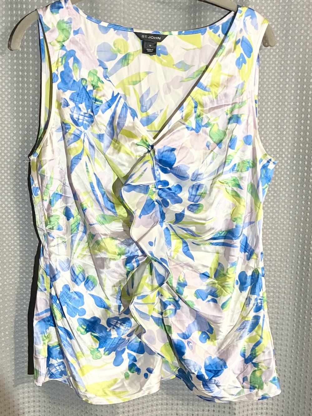 St John’s Silk Stretch Camisole Sz 10 Ruffle Green Blue Tank Completer Sexy Chic